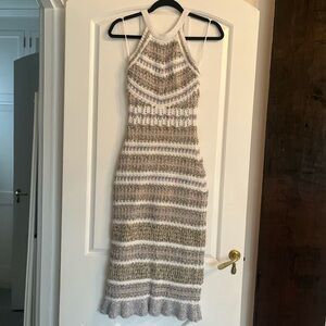Ramy Brook Cream and Tan Knit Halter Maxi Dress